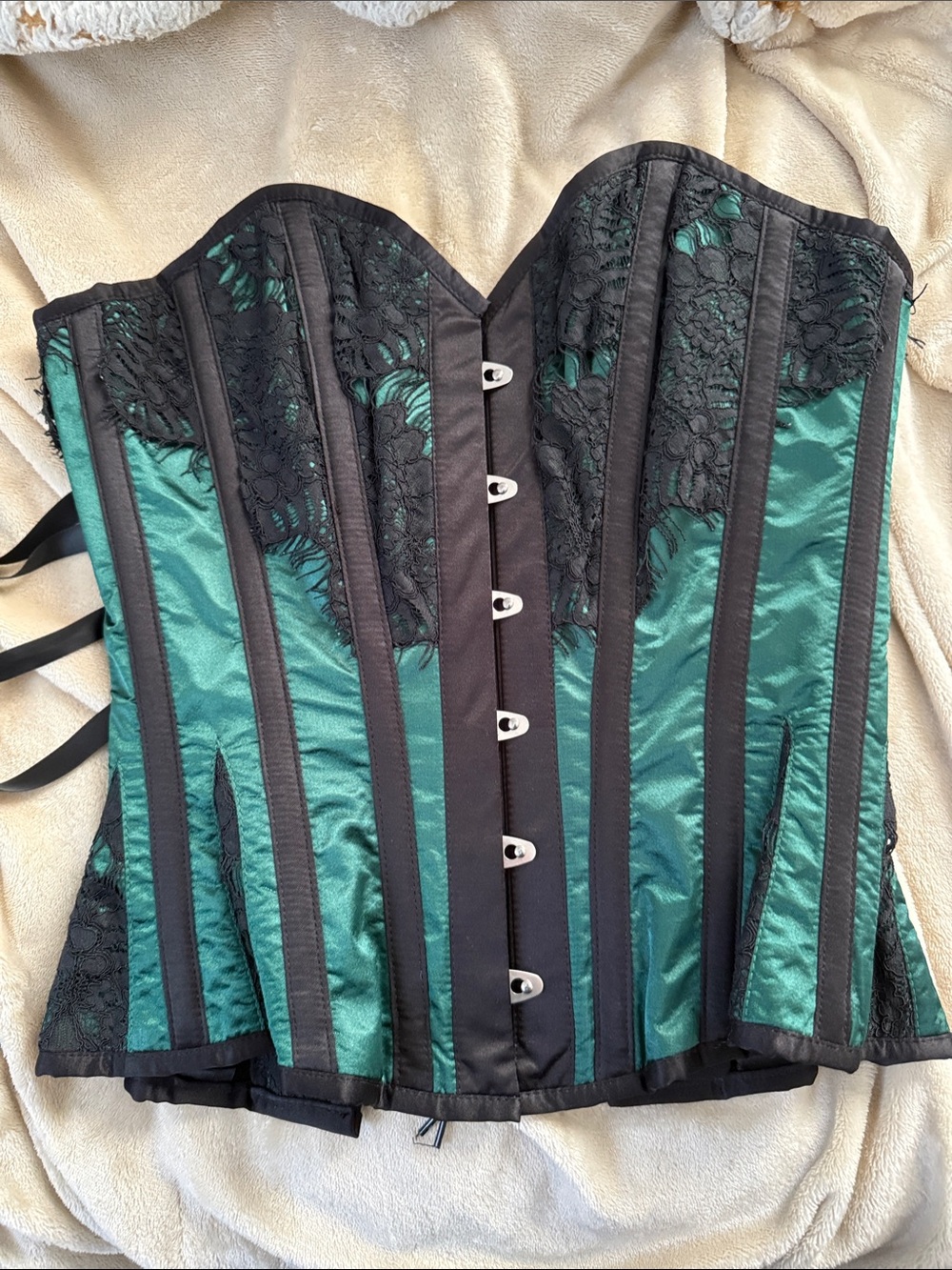 Emerald Green Satin & Black Lace Corset Top